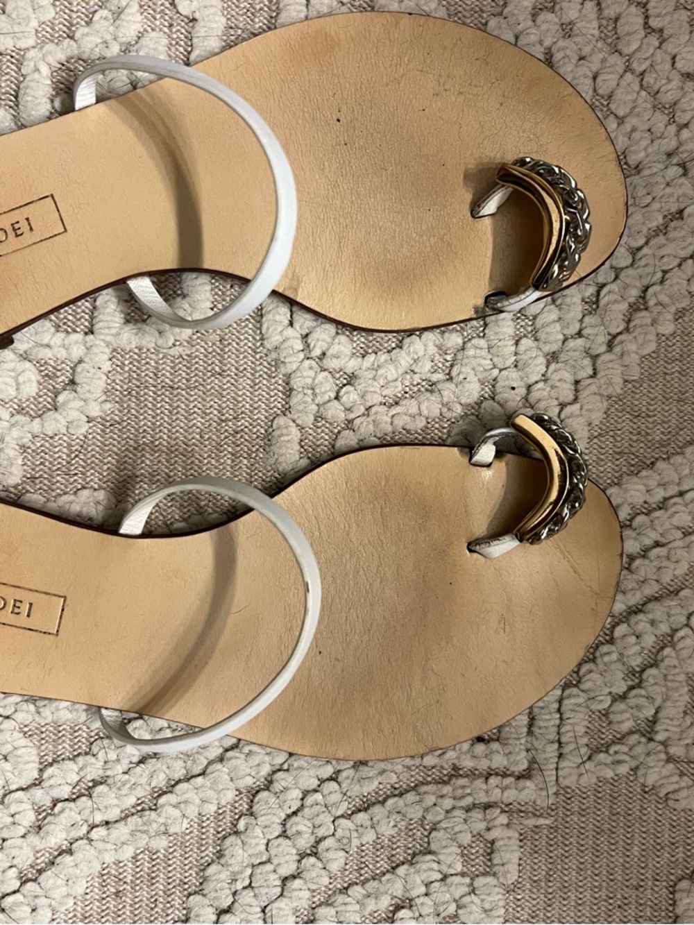 Casadei White Leather Toe-Ring Sandals with Gold & Silver Chain Accent